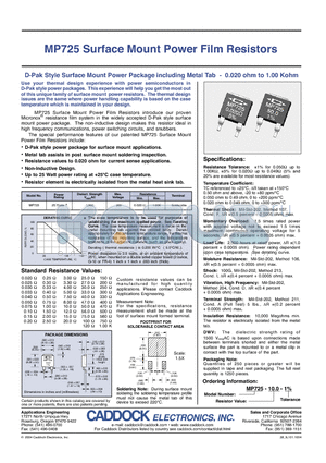MP725 datasheet - MP725 Surface Mount Power Film Resistors