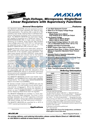 MAX6793 datasheet - High-Voltage, Micropower, Single/Dual Linear Regulators with Supervisory Functions