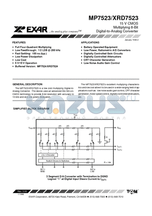 MP7523 datasheet - 15 V CMOS Multiplying 8-Bit Digital-to-Analog Converter