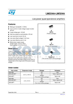 LM224AD/ADT datasheet - Low power quad operational amplifiers