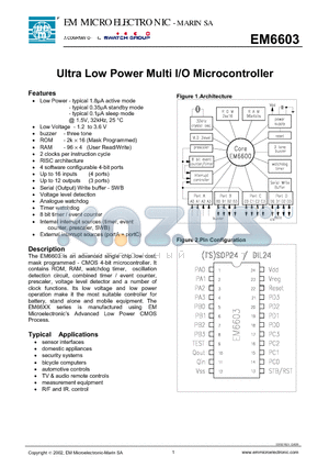 EM6603 datasheet - Ultra Low Power Multi I/O Microcontroller