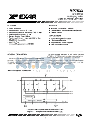 MP7533KS datasheet - 15 V CMOS Multiplying10-Bit Digital-to-Analog Converter