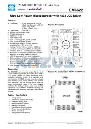 EM6622 datasheet - Ultra Low Power Microcontroller with 4x32 LCD Driver