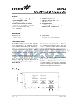 HT672A datasheet - 13.56MHz RFID Transponder