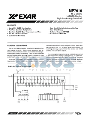 MP7616KD datasheet - 15 V CMOS 16-Bit Multiplying Digital-to-Analog Converter