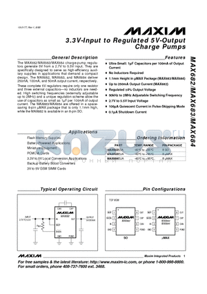 MAX682 datasheet - 3.3V-Input to Regulated 5V-Output Charge Pumps