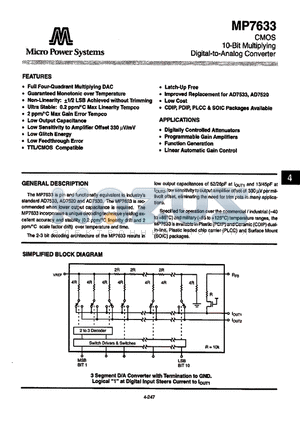 MP7633BD datasheet - CMOS 10-BIT MULTIPLYING DIGITAL-TO-ANALOG CONVERTER