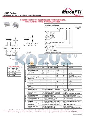 K525BACSE datasheet - 8 pin DIP, 5.0 Volt, CMOS/TTL, Clock Oscillator