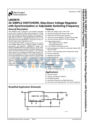 LM22670 datasheet - 3A SIMPLE SWITCHER^, Step-Down Voltage Regulator with Synchronization or Adjustable Switching Frequency