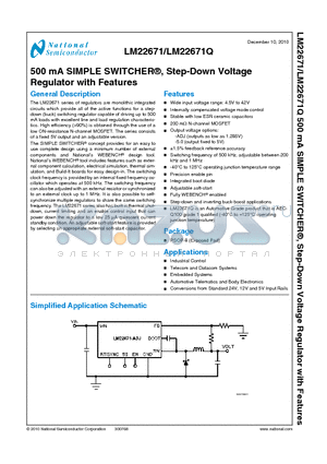 LM22671QMR-5.0 datasheet - 500 mA SIMPLE SWITCHER^, Step-Down Voltage Regulator with Features