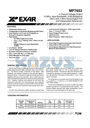 MP7652AS datasheet - 4-Channel Voltage Output 15 MHz, Input Bandwidth, 8-Bit Multiplying DACs with 3-Wire Serial Digital Port and Independent References