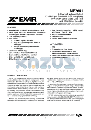 MP7651 datasheet - 8-Channel, Voltage Output 10 MHz Input Bandwidth 8-Bit Multiplying DACs with Serial Digital Data Port  and Chip Select Decoder