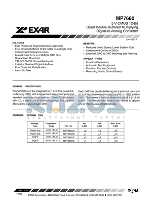 MP7680KN datasheet - 5 V CMOS 12-Bit Quad Double-Buffered Multiplying Digital-to-Analog Converter