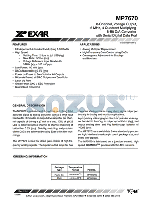 MP7670AS datasheet - 8-CHANNEL, VOLTAGE OUTPUT, 5 MHZ, 4 QUADRANT MULTIPLYING 8BIT D/A CONVERTER WITH SERIAL DIGITAL DATA PORT