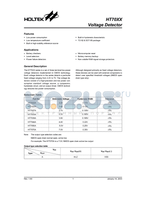 HT7070A datasheet - Voltage Detector