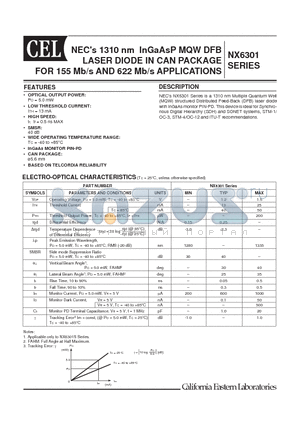 NX6301SI datasheet - 1310 nm InGaAsP MQW DFB LASER DIODE IN CAN PACKAGE FOR 155 Mb/s AND 622 Mb/s APPLICATIONS