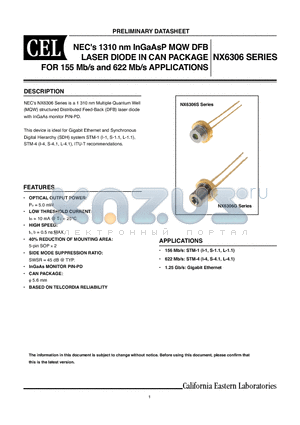 NX6306 datasheet - 1310 nm InGaAsP MQW DFB LASER DIODE IN CAN PACKAGE FOR 155 Mb/s and 622 Mb/s APPLICATIONS