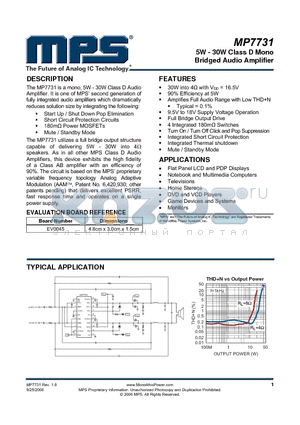 MP7731DF datasheet - 5W - 30W Class D Mono Bridged Audio Amplifier