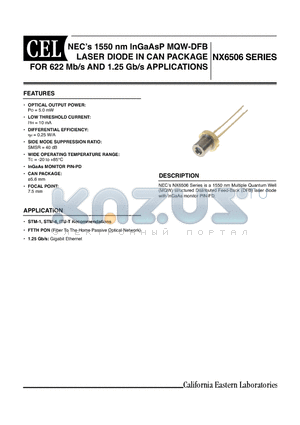 NX6506 datasheet - NECs 1550 nm InGaAsP MQW-DFB LASER DIODE IN CAN PACKAGE FOR 622 Mb/s AND 1.25 Gb/s APPLICATIONS