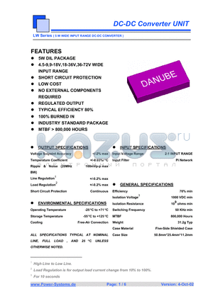 LWD-1209E datasheet - DC-DC Converter UNIT 5 W WIDE INPUT RANGE DC-DC CONVERTER