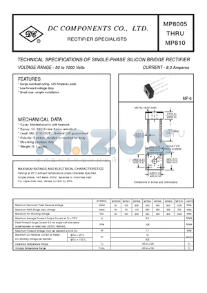 MP802 datasheet - TECHNICAL SPECIFICATIONS OF SINGLE-PHASE SILICON BRIDGE RECTIFIER VOLTAGE RANGE - 50 to 1000 Volts