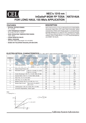 NX7314UA-AZ datasheet - NECs 1310 nm InGaAsP MQW FP TOSA FOR LONG HAUL 155 Mb/s APPLICATION