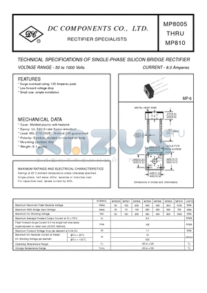 MP808 datasheet - TECHNICAL SPECIFICATIONS OF SINGLE-PHASE SILICON BRIDGE RECTIFIER VOLTAGE RANGE - 50 to 1000 Volts