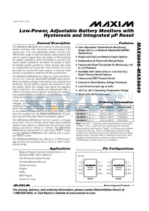 MAX6846KARD3 datasheet - Low-Power, Adjustable Battery Monitors with Hysteresis and Integrated UP Reset