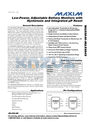 MAX6846_05 datasheet - Low-Power, Adjustable Battery Monitors with Hysteresis and Integrated uP Reset