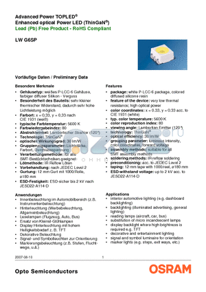 LWG6SP datasheet - Advanced Power TOPLED Enhanced optical Power LED