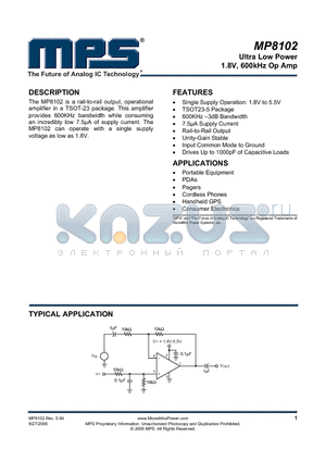 MP8102DJ datasheet - Ultra Low Power 1.8V, 600kHz Op Amp