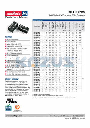 MEA1D0512SC datasheet - 1kVDC Isolated 1W Dual Output DC/DC Converters