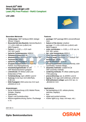 LWL283 datasheet - SmartLED^ 0603 White Hyper-Bright LED Lead (Pb) Free Product - RoHS Compliant