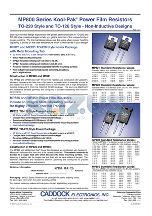 MP821 datasheet - MP800 Series Kool-Pak^ Power Film Resistors