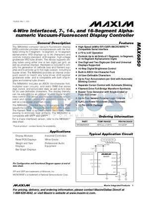 MAX6850 datasheet - 4-Wire Interfaced, 7-, 14-, and 16-Segment Alphanumeric Vacuum-Fluorescent Display Controller