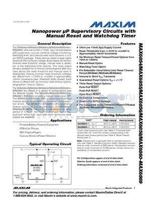 MAX6854 datasheet - Nanopower uP Supervisory Circuits with Manual Reset and Watchdog Timer