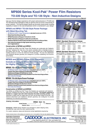 MP825 datasheet - MP800 Series Kool-Pak^ Power Film Resistors