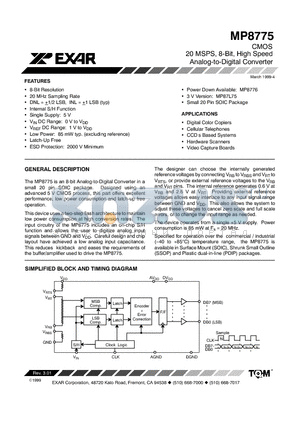 MP8775 datasheet - CMOS 20 MSPS, 8-Bit, High Speed Analog-to-Digital Converter