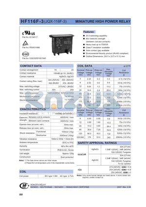 HF116F-3 datasheet - MINIATURE HIGH POWER RELAY