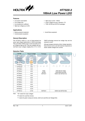 HT75A0-2 datasheet - 100mA Low Power LDO