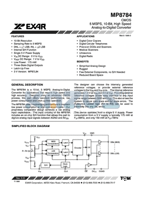 MP8784 datasheet - CMOS 5 MSPS 10BIT HIGH SPEED ANALOG TO DIGITAL CONVERTER