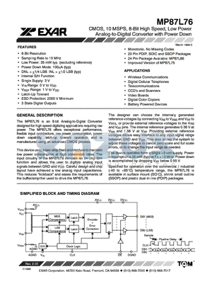 MP87L76AN datasheet - CMOS, 10MSPS, 8-BIT HIGH SPEED, LOW POWER ANALOG-TO-DIGITAL CONVERTER WITH POWER DOWN