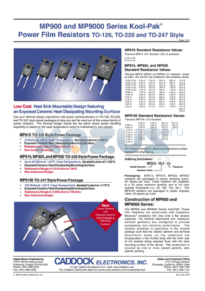 MP9100 datasheet - Power Film Resistors TO-126, TO-220 and TO-247 Style