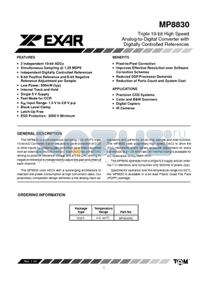 MP8830AE datasheet - Triple 10-bit High Speed Analog-to-Digital Converter with Digitally Controlled References