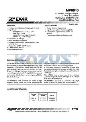 MP8840 datasheet - 8 CHANNEL VOLTAGE OUTPUT 2 MHZ 4 QUADRANT MULTIPLYING 8 BIT DAC WITH SERIAL DIGITAL DATA PORT