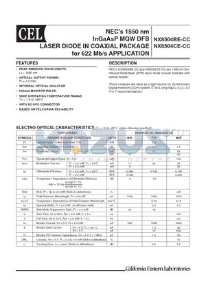 NX8504BE-CC datasheet - 1550 nm InGaAsP MQW DFB LASER DIODE IN COAXIAL PACKAGE for 622 Mb/s APPLICATION