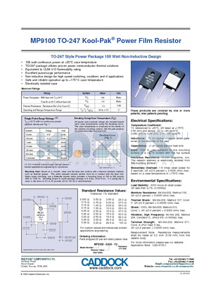 MP9100-0.25-1 datasheet - TO-247 Kool-Pak Power Film Resistor