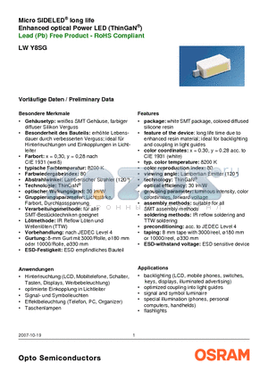 LWY8SG-U1V1-3K6L-1 datasheet - Micro SIDELED^ long life Enhanced optical Power LED