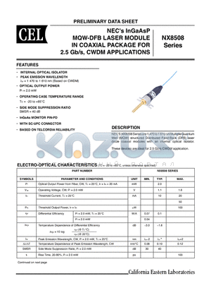 NX8508CG61-CC-AZ datasheet - NECs InGaAsP MQW-DFB LASER MODULE IN COAXIAL PACKAGE FOR 2.5 Gb/s, CWDM APPLICATIONS