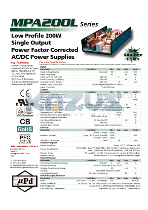 MPA200L datasheet - Low Profi le 200W Single Output Power Factor Corrected AC/DC Power Supplies